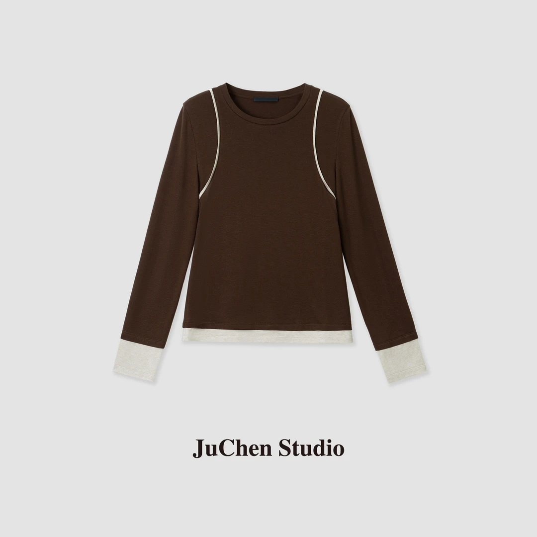 LIBOSHU立褶结构拼接天丝羊毛混纺假两件显瘦气质长袖T恤DW101657