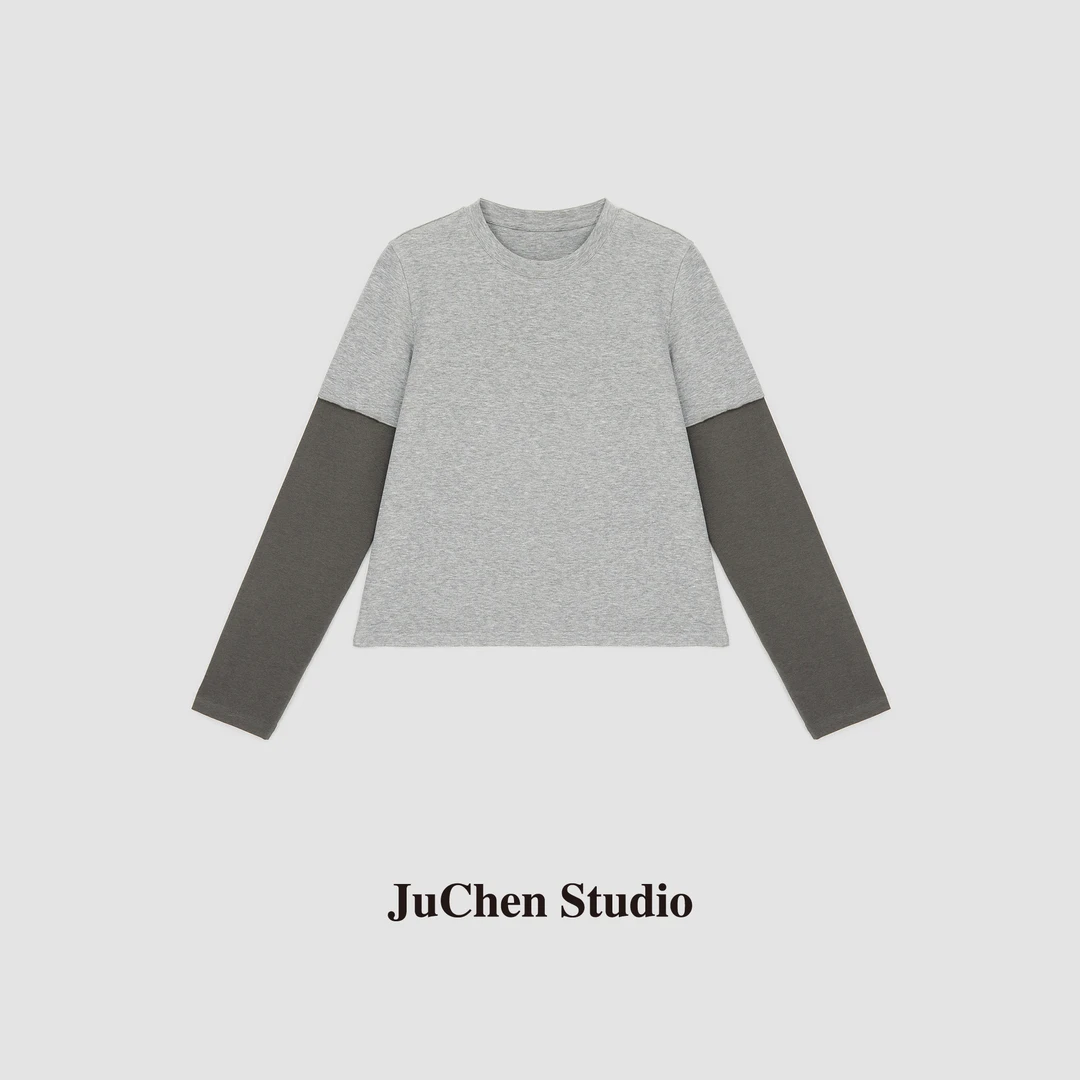 LIBOSHUM1U式叠叠乐 错落层次撞色正肩合身假两件长袖 FW022094