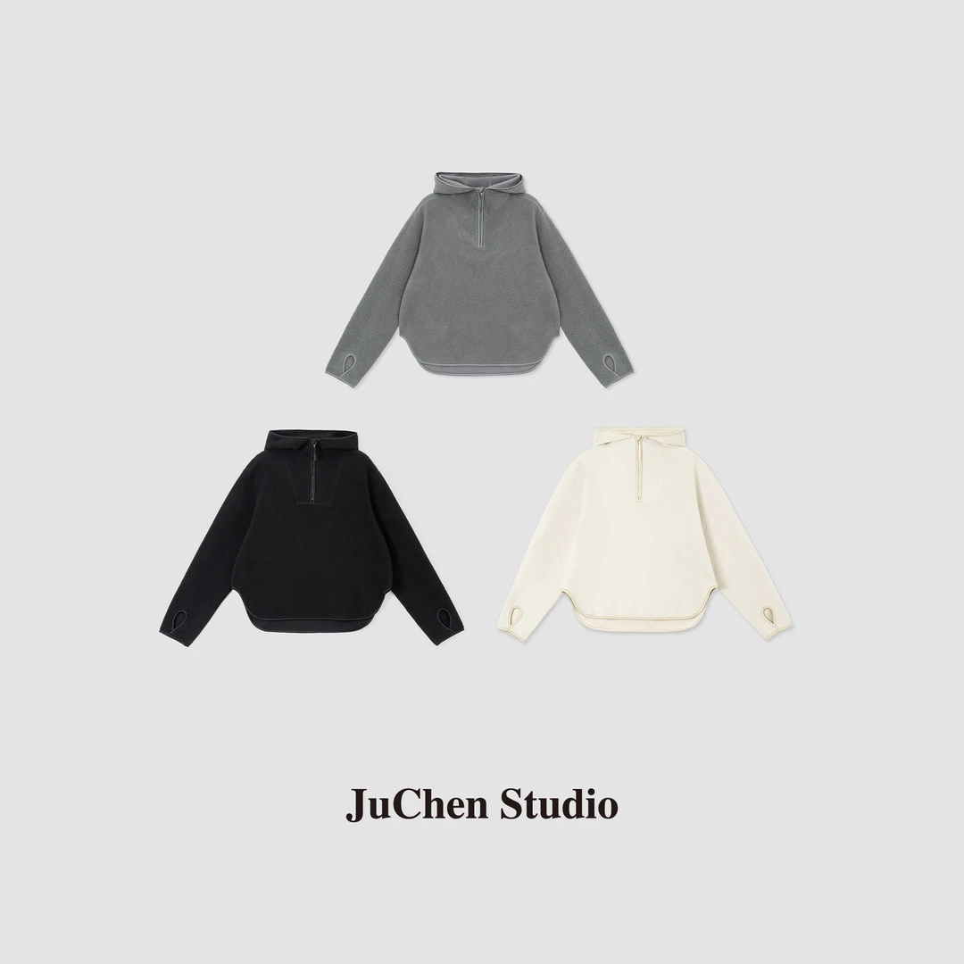 LIBOSHU”短绒绒“三色细颗粒半拉链美式休闲连帽摇粒绒卫衣2210632