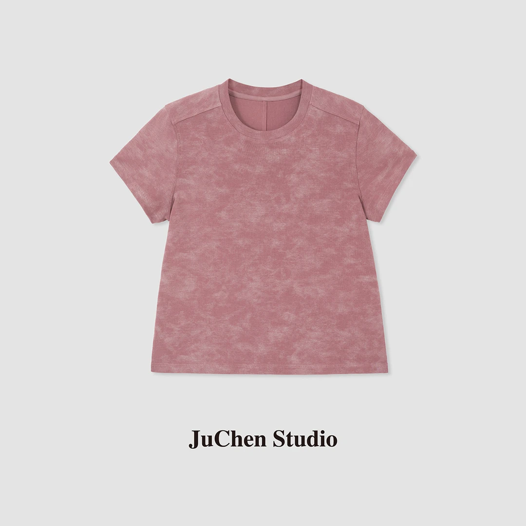LIBOSHU多道工艺植物扎染水粉长绒棉宽松基础短袖T恤SS042301