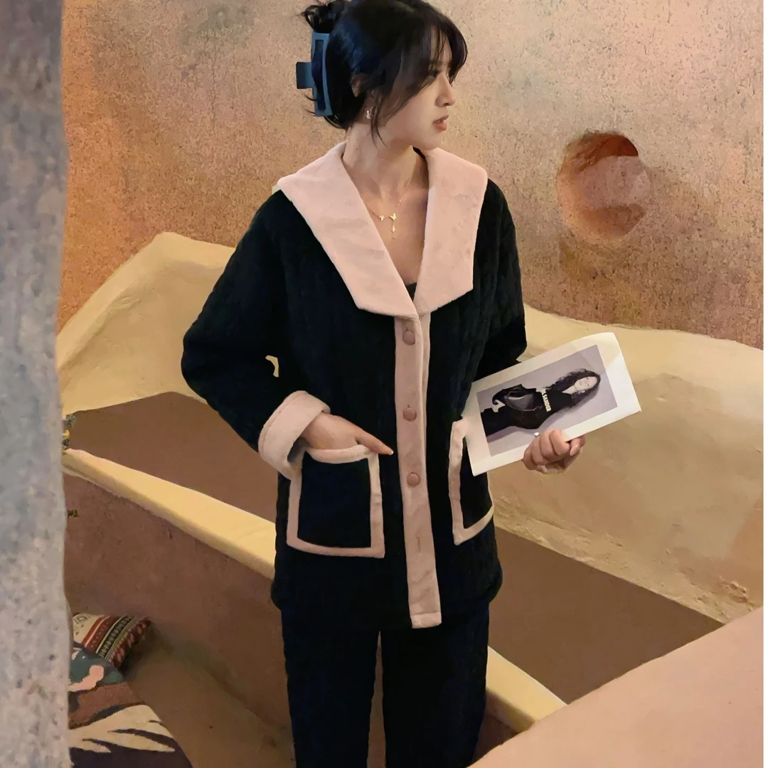 三层夹棉奢华加厚加绒高级气质冬季撞色翻领可外穿时尚棉袄家居服