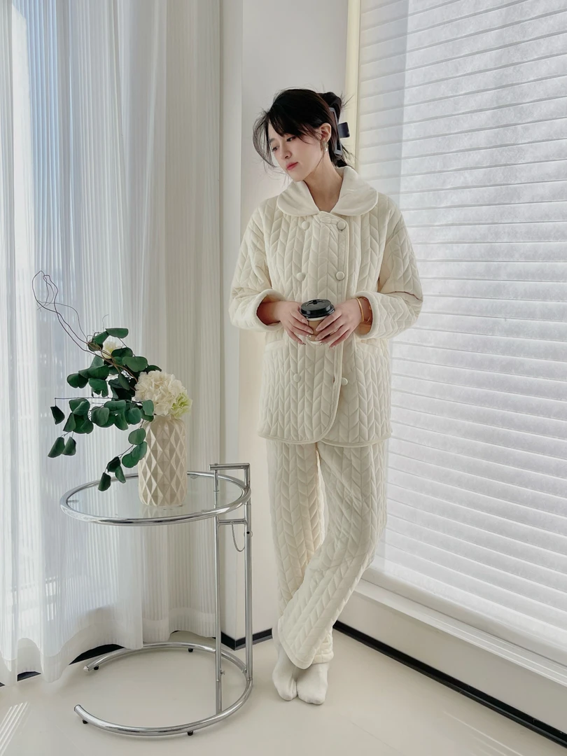 极简双排扣三层夹棉加绒加厚纯色时尚可外穿奢华冬季款女家居服