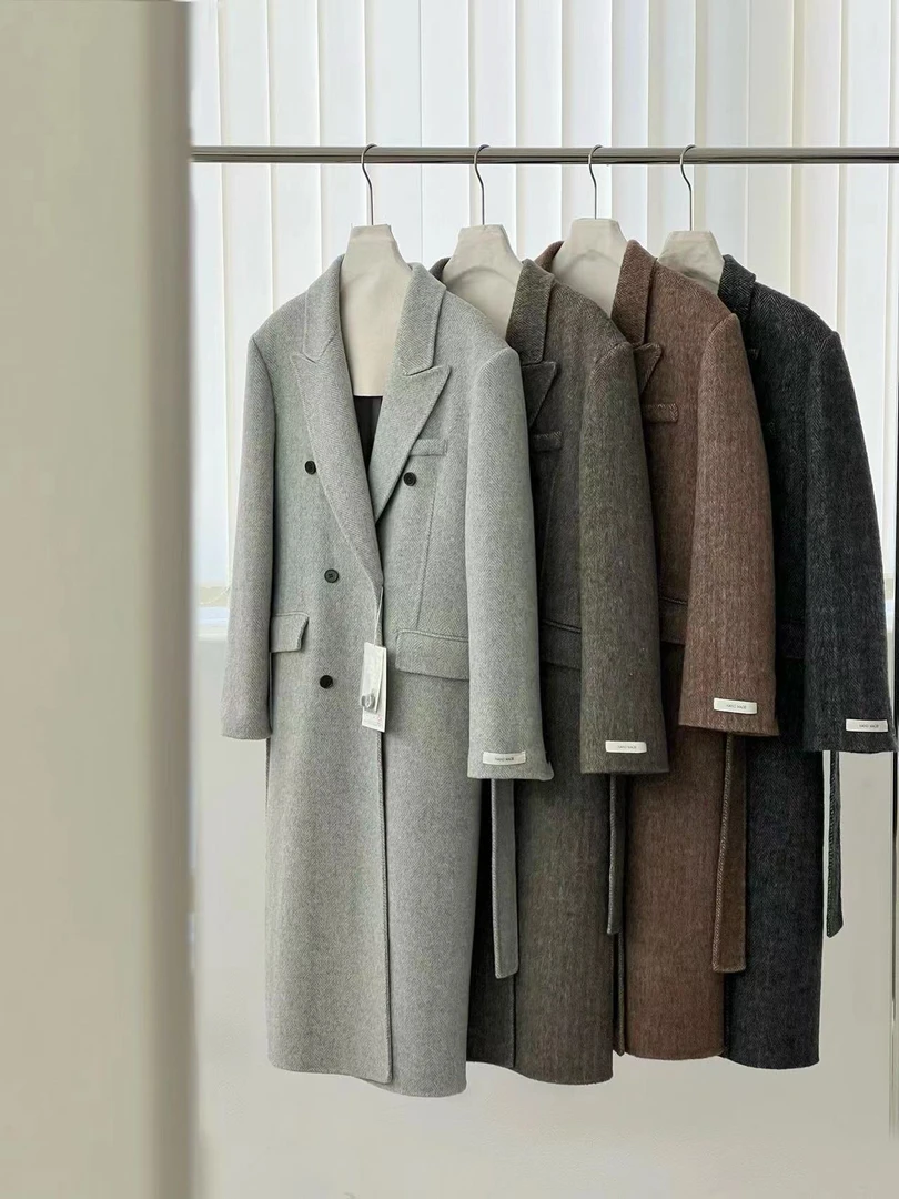 韩国东大门秋冬新款羊毛大衣长款长毛人字纹外套