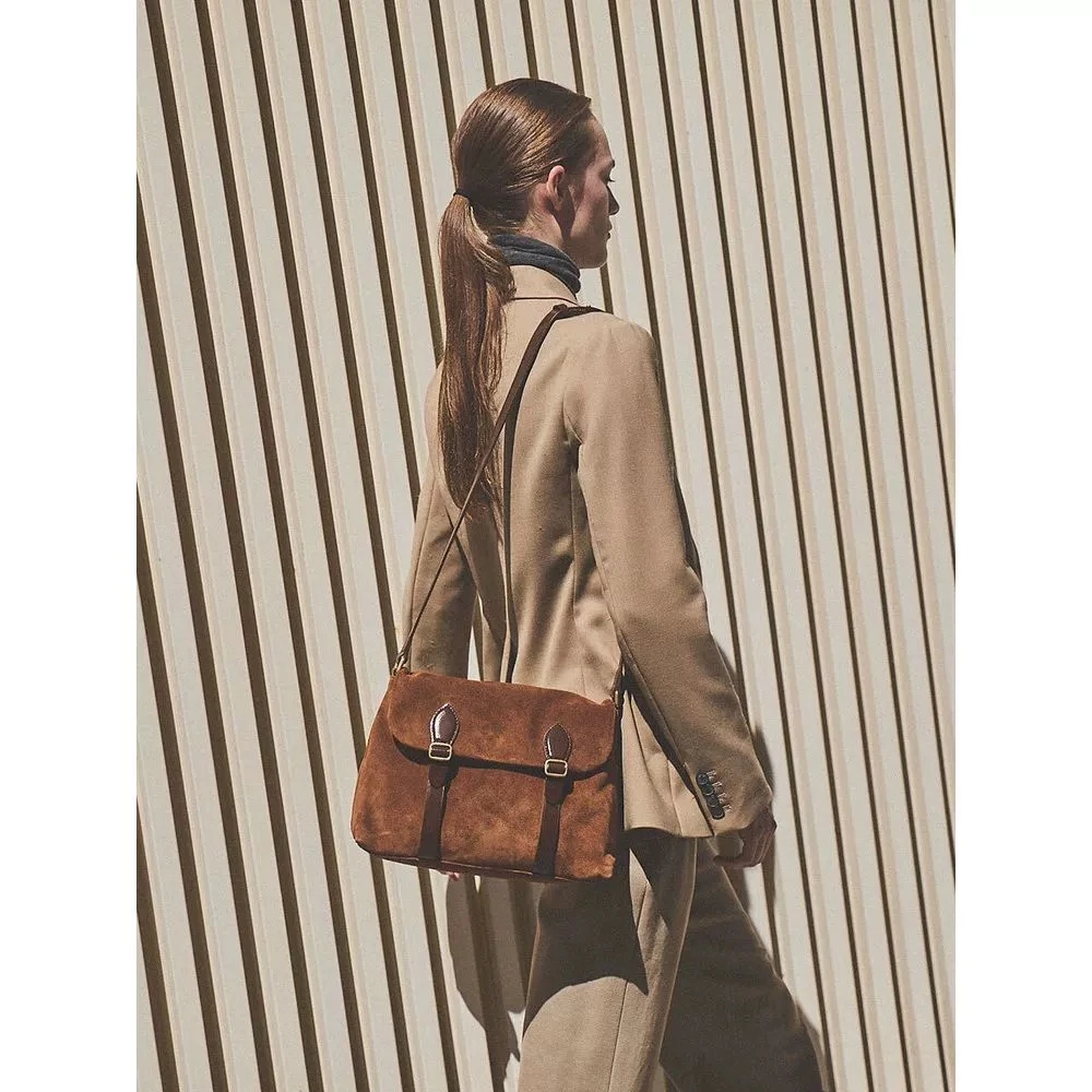 设计师品牌ette复古绒面牛皮拼接单肩包手提斜挎包邮差包