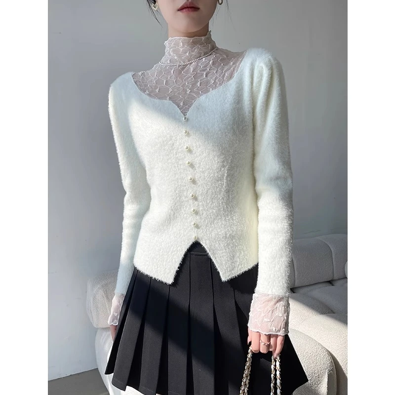白色蕾丝打底衫女2024新款秋冬半高领网纱内搭针织长袖上衣高级感