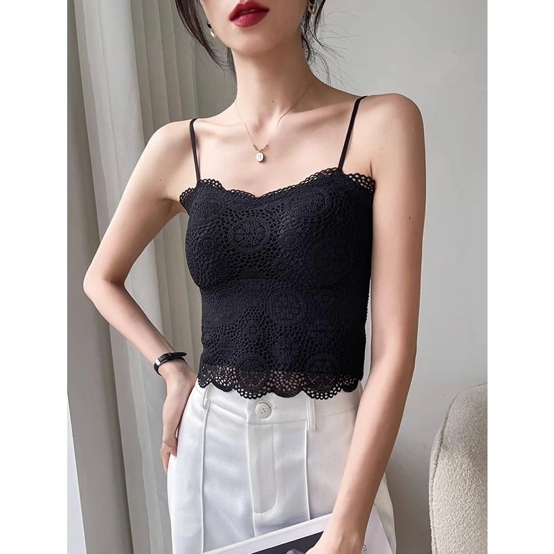 黑色蕾丝吊带背心女2024早秋新款短款带胸垫抹胸内搭打底上衣薄款