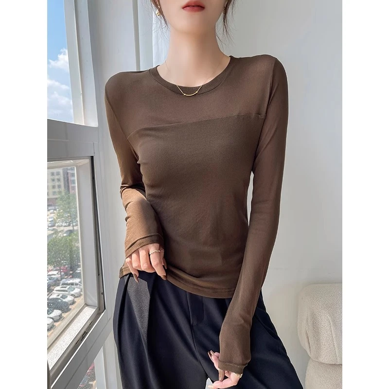 咖色打底衫女2024新款秋冬季网纱拼接长袖T恤内搭圆领上衣高级感