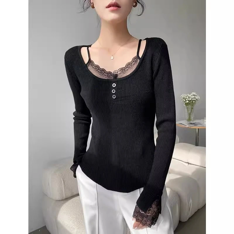蕾丝拼接v领针织打底衫女2024新款秋冬季内搭外穿长袖上衣高级感