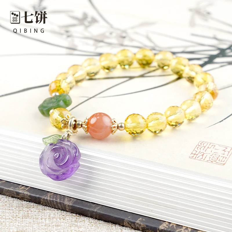 非金属手链 【七饼-清】-097-天然黄水精加紫精女款手串