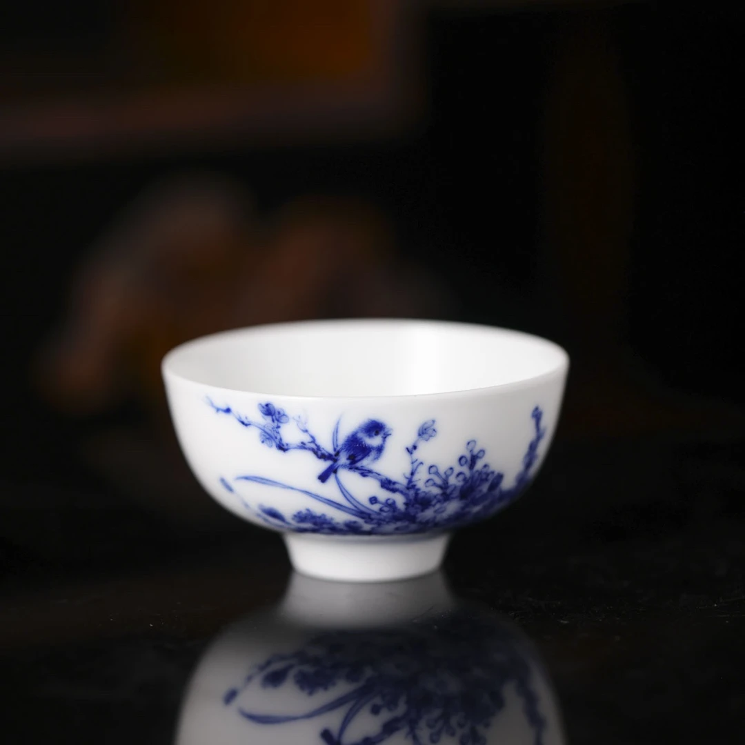 九段-妙手青花花鸟小圆口杯-陶瓷主人杯手绘有差异