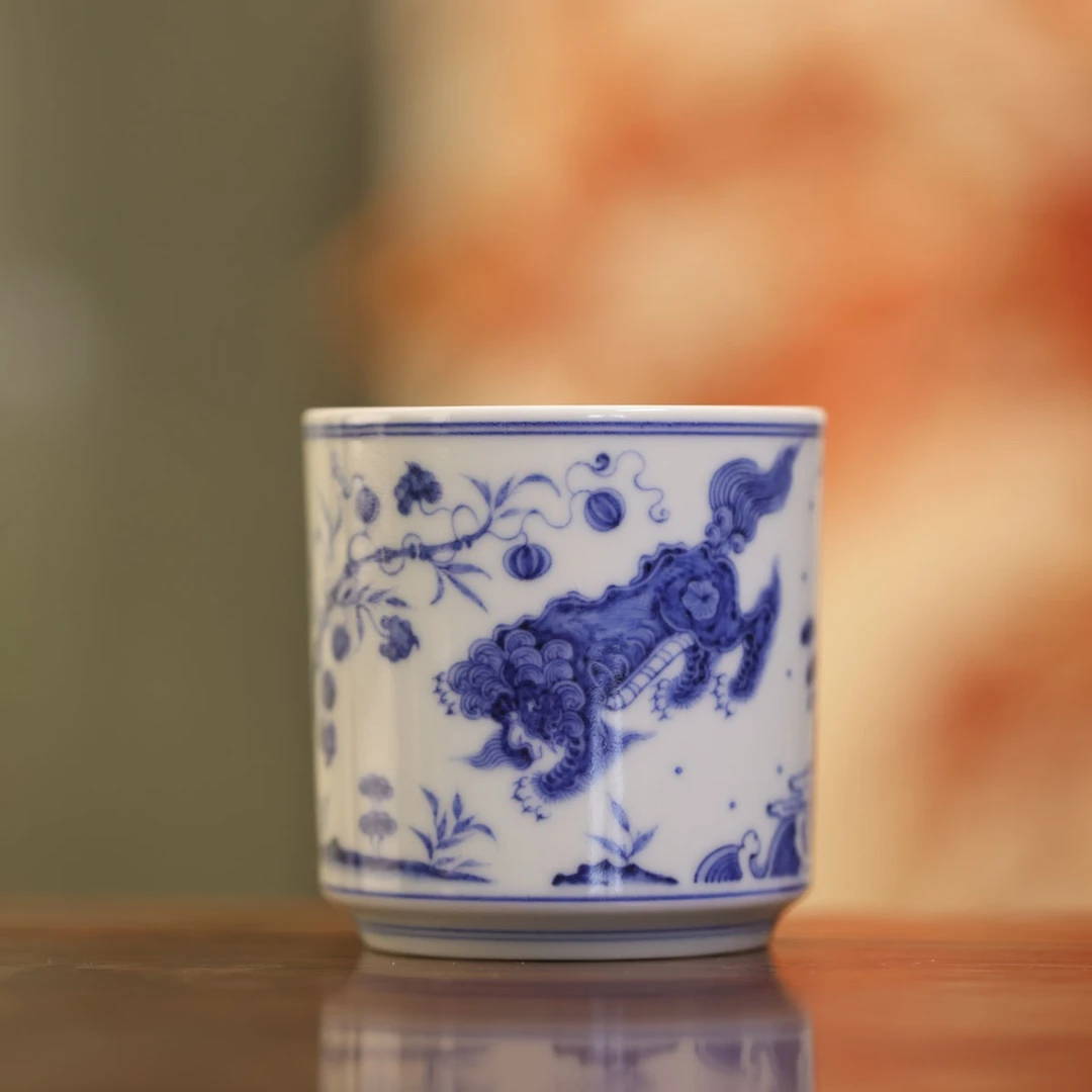 春风祥玉-青花元狮直杯-陶瓷手绘主人杯纯手工(直播间为准）