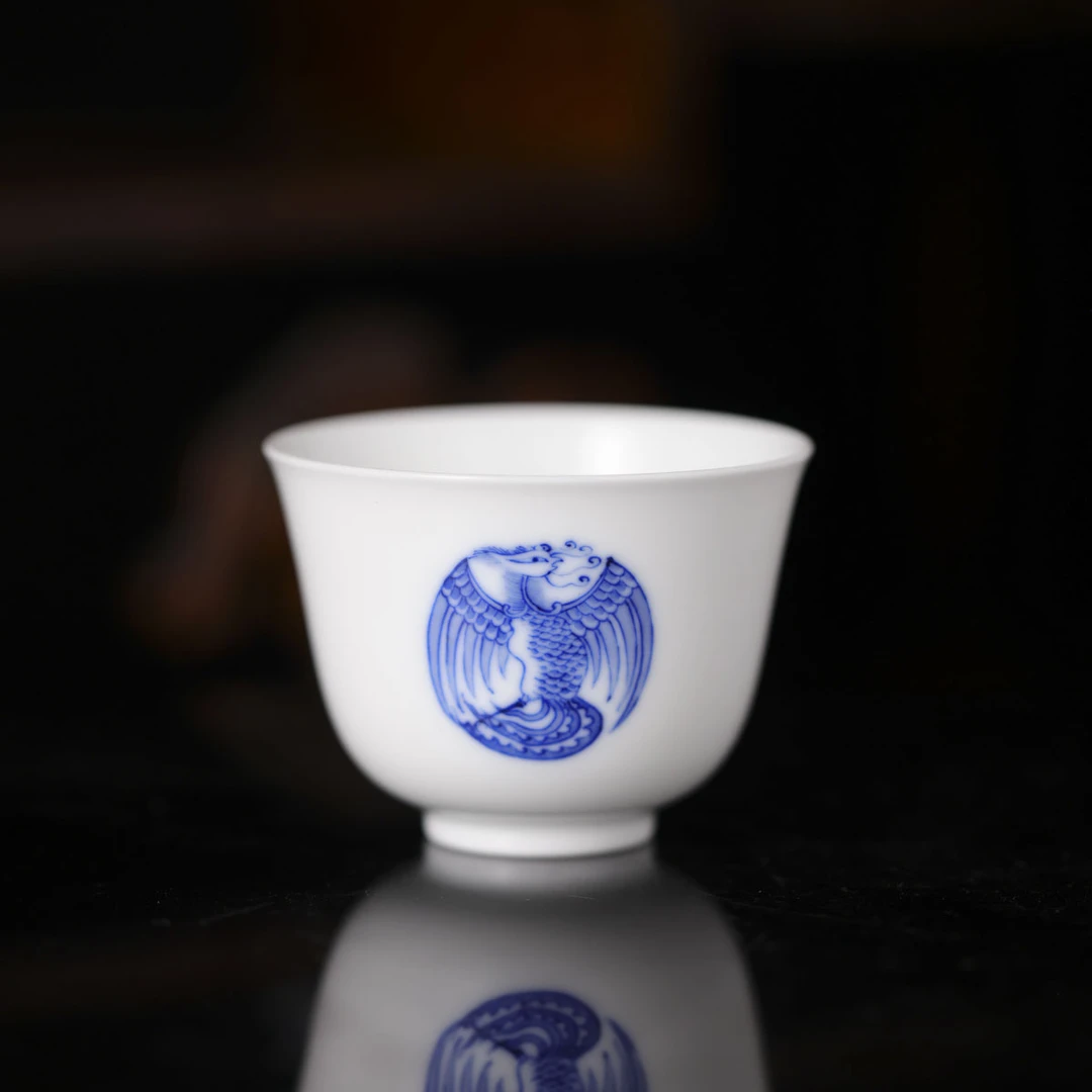 九段烧-妙手青花团凤饮杯-茶具陶瓷手绘有差异直播间为准