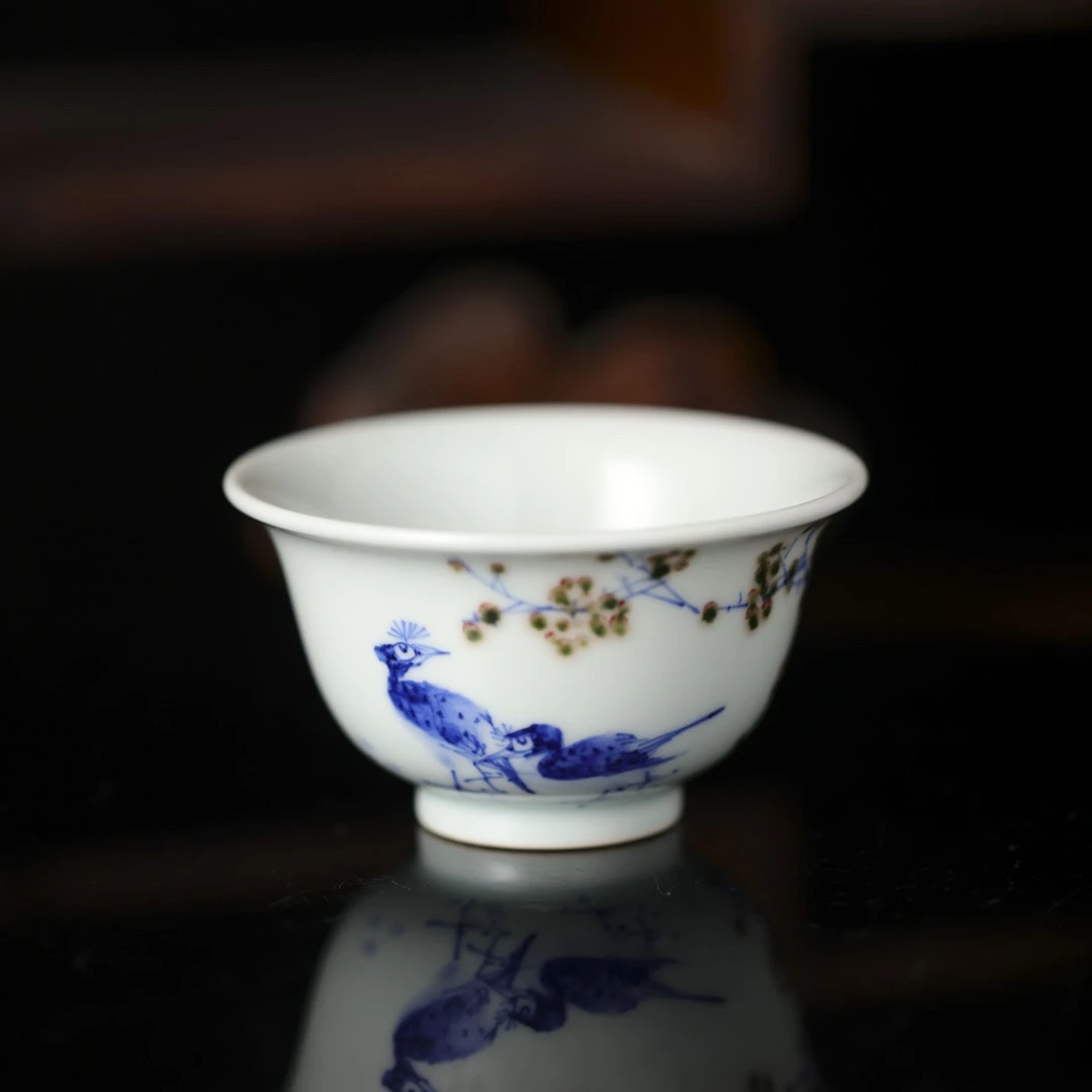 小桥-写意釉里红梅花呆鸟小压手杯-手工陶瓷有差异