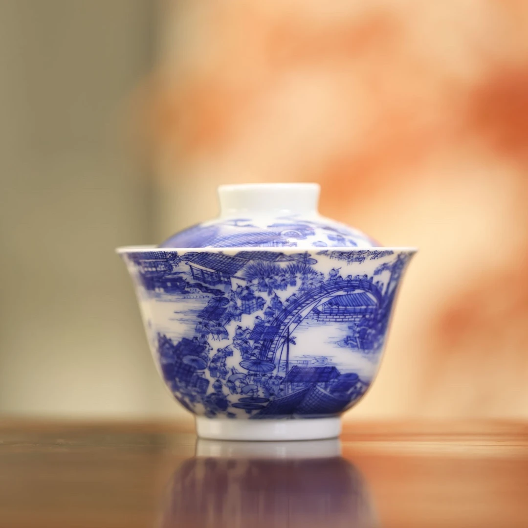 小桥-清明上河图两才盖碗-手工陶瓷有差异