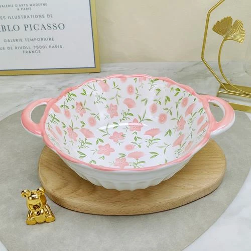 9.5英寸1只家用陶瓷沙拉碗防烫双耳碗十里桃花大汤碗少女心创意