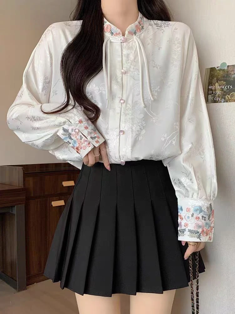 新中式国风汉服马面裙搭配上衣女早春夏高级感气质刺绣提花白衬衫