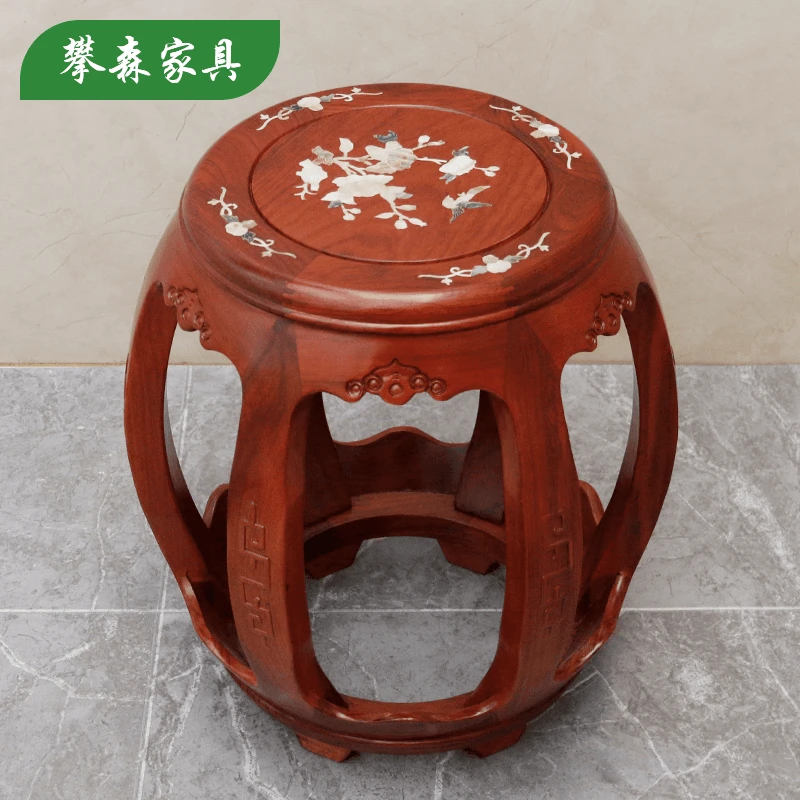【手工真贝雕】红木鼓凳雕花贝雕花梨木圆凳家用中式餐桌大号凳子