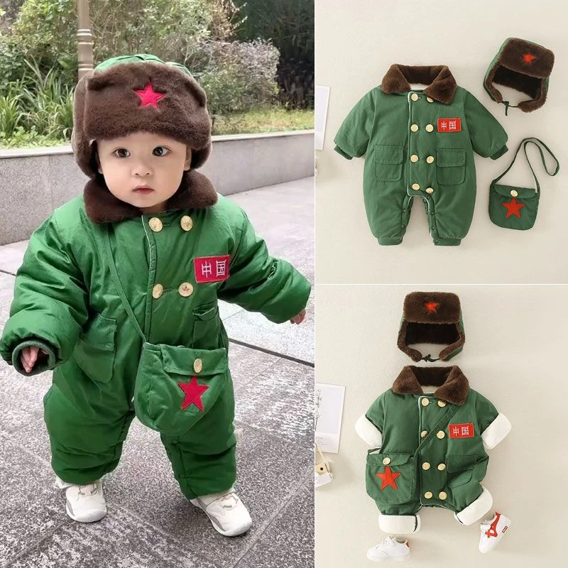 婴儿棉服东北军绿色连体衣冬季新生儿衣服加绒厚宝宝哈衣保暖