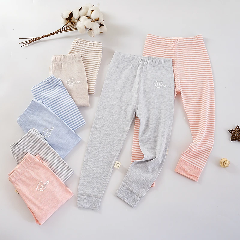 儿童纯棉秋裤棉毛裤宝宝净色条纹打底裤保暖裤