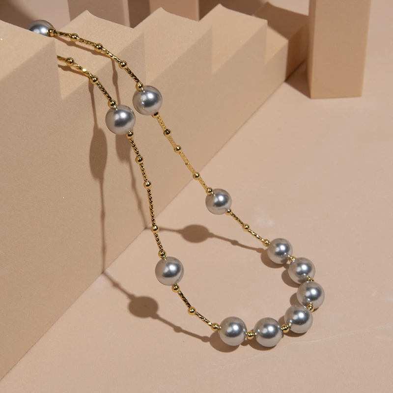 合金贝壳项链 10m太空灰简约时尚百搭满天星微笑链贝珠项链