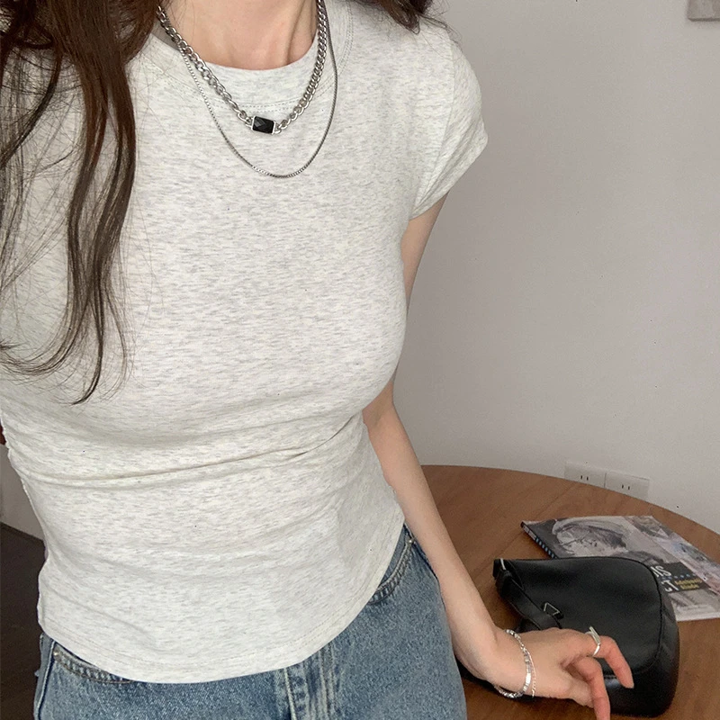 欧货短袖T恤女春夏新款紧身显瘦上衣辣妹百搭一字t恤v领正肩收腰