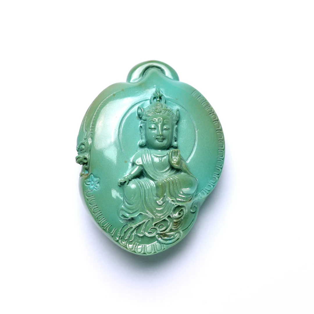 湖北十堰原矿绿松石雕刻件观音吊坠高瓷玉华果冻双面精雕女士挂坠