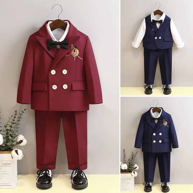 儿童西装套装秋冬生日花童礼服宝宝周岁红色男童英伦风钢琴表演服