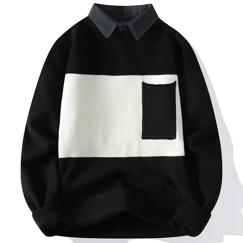 假两件毛衣男士潮流衬衫领休闲宽松拼接青年打底针织衫男毛线衣
