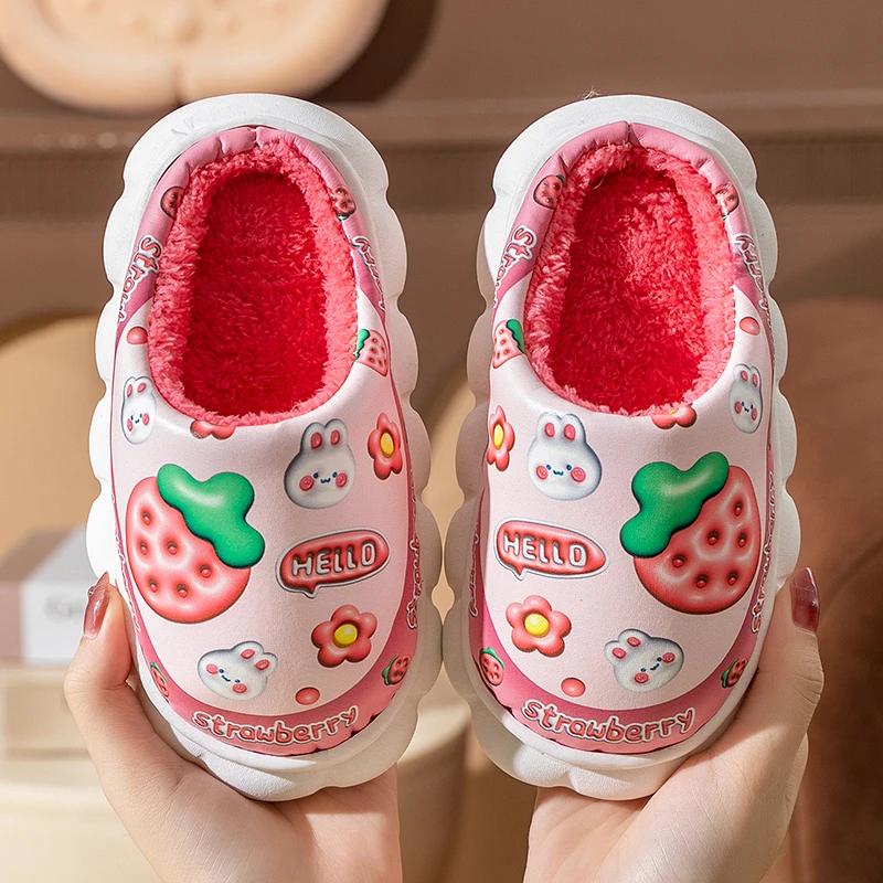 儿童棉拖鞋女童pu皮面防水防滑保暖宝宝鞋可爱卡通棉鞋男女童冬季