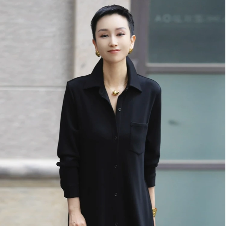 溏朵记 2025秋新款长袖衬衣领显瘦气质休闲宽松开衫连衣裙1002