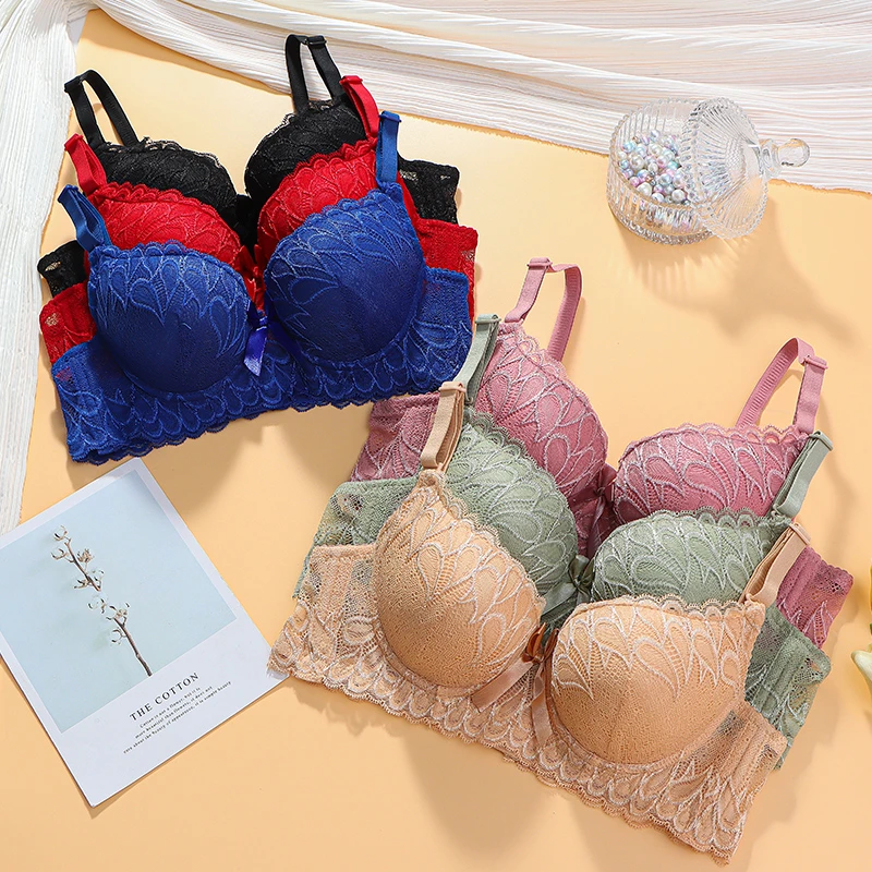 中厚款小胸聚拢有钢圈上托收副乳防下垂调整型性感蕾丝内衣女士