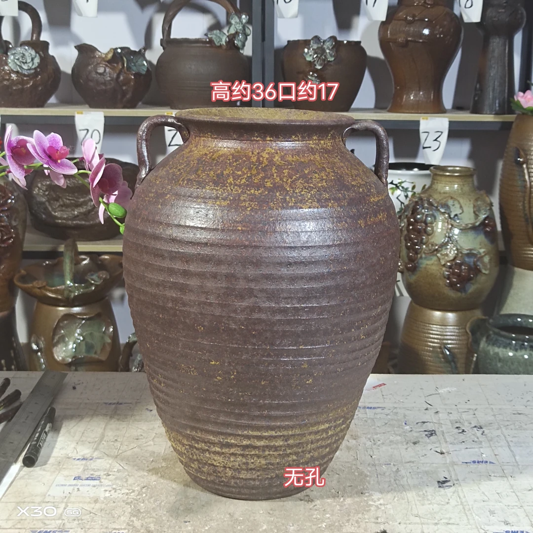 复古陶罐花瓶粗陶瓶插干花手工禅意中古朴摆件    柴烧双耳高罐