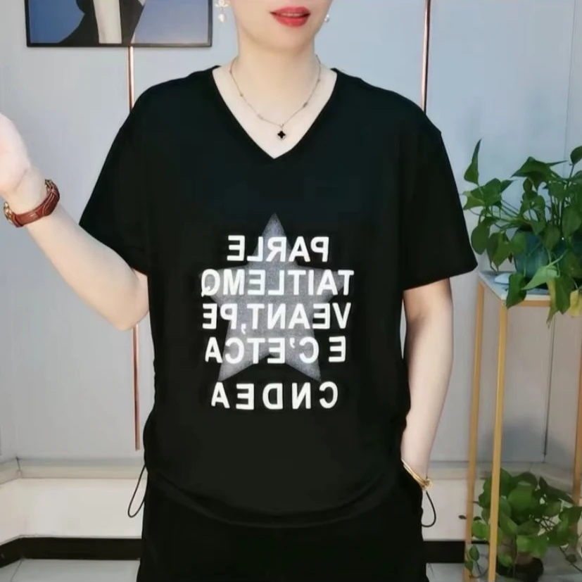 冰丝短袖女t恤大码夏时尚侧边抽绳显瘦遮肉后背蕾丝v领半袖