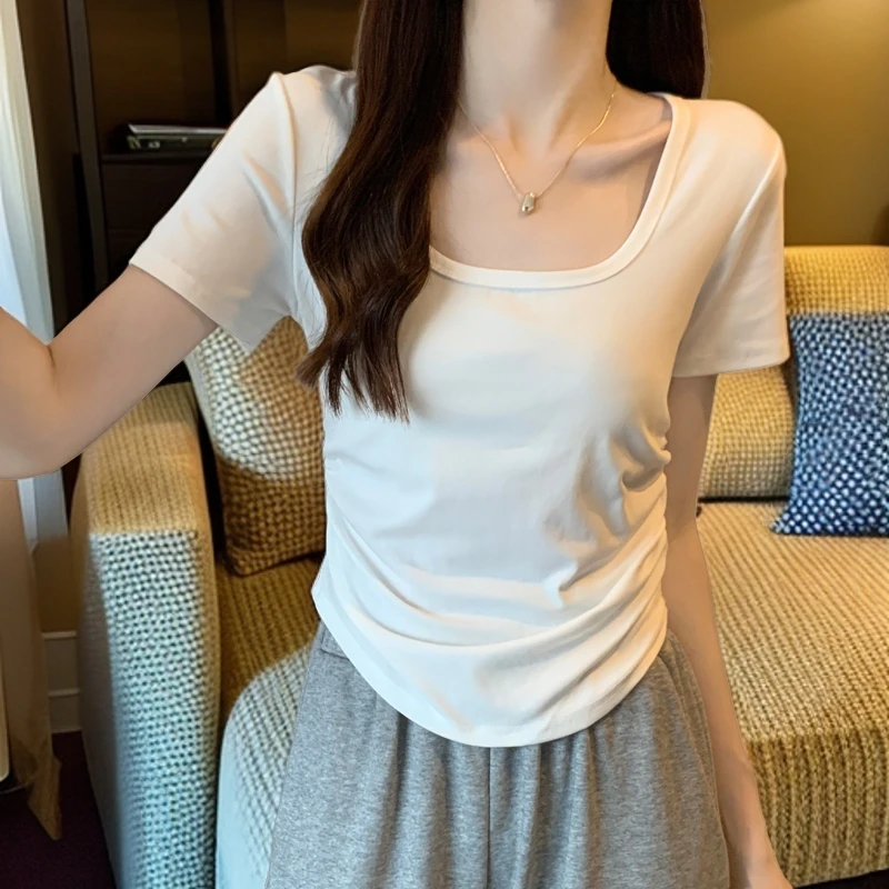 夏季正肩方领短袖T恤女收腰褶皱设计2025年新款显瘦白色短款上衣