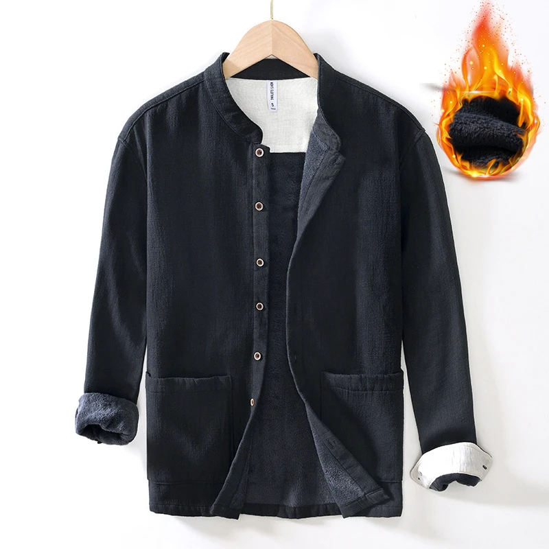 L089加绒外套男冬季新款中式领加厚棉麻衬衫宽松休闲复古国风上衣