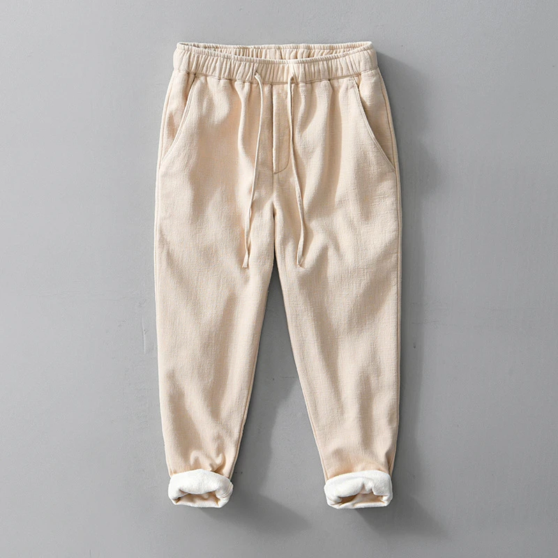 保暖苎麻直筒休闲棉裤男 复古宽松加绒抽绳长裤 L8234