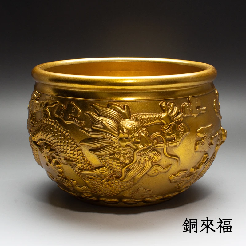 全铜二龙缸铜缸全铜米缸进宝聚米缸客厅家居摆件小号大号龙纹