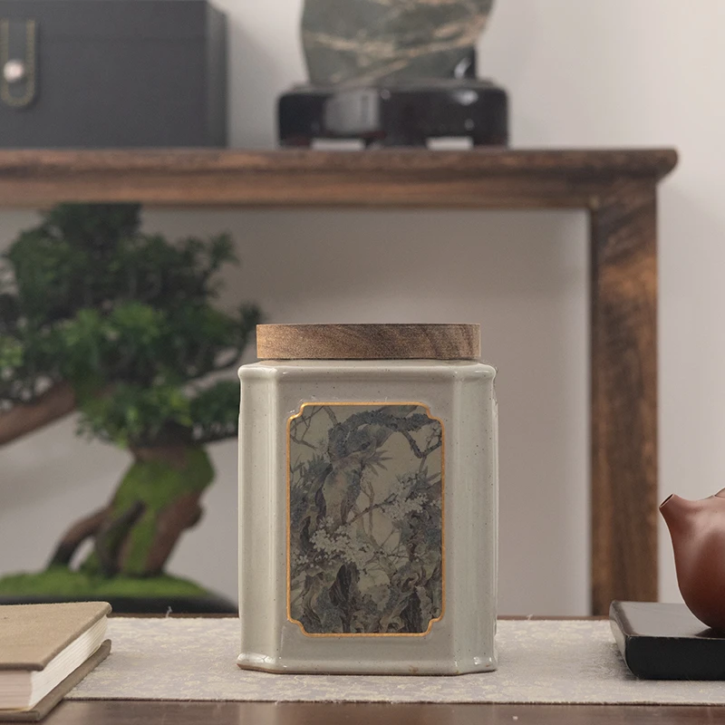 古风草木灰复古四方茶叶罐密封罐高档陶瓷家用储茶罐方形国风茶仓