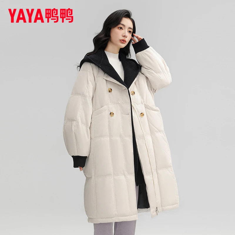 YAYA/鸭鸭羽绒服女长款韩版休闲宽松通勤简约舒适外套YE3B612341A