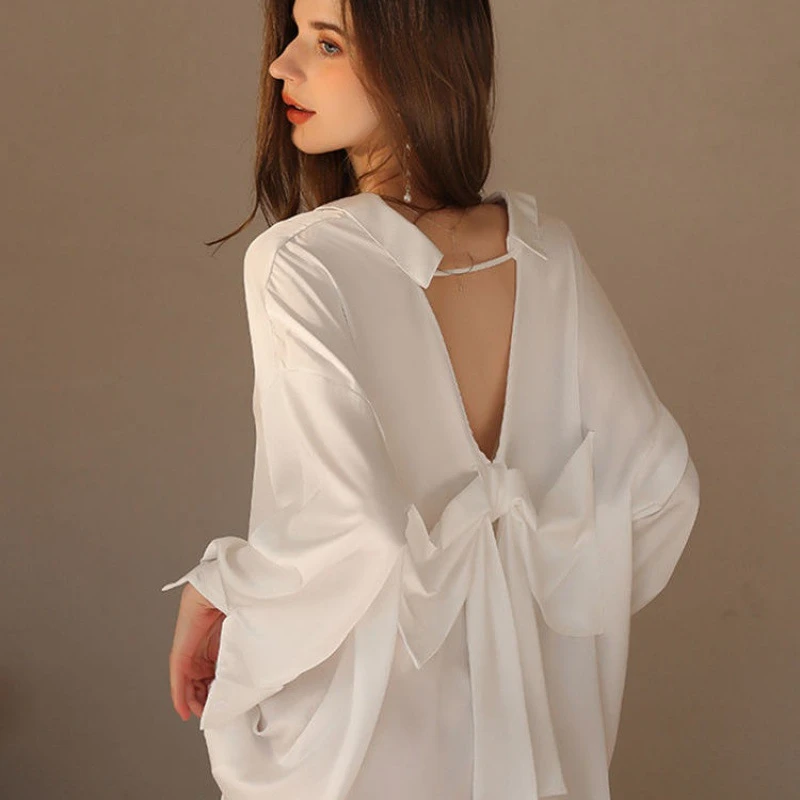男友风睡衣衬衫女春秋长袖性感小心机后背蝴蝶结宽松性感短睡裙