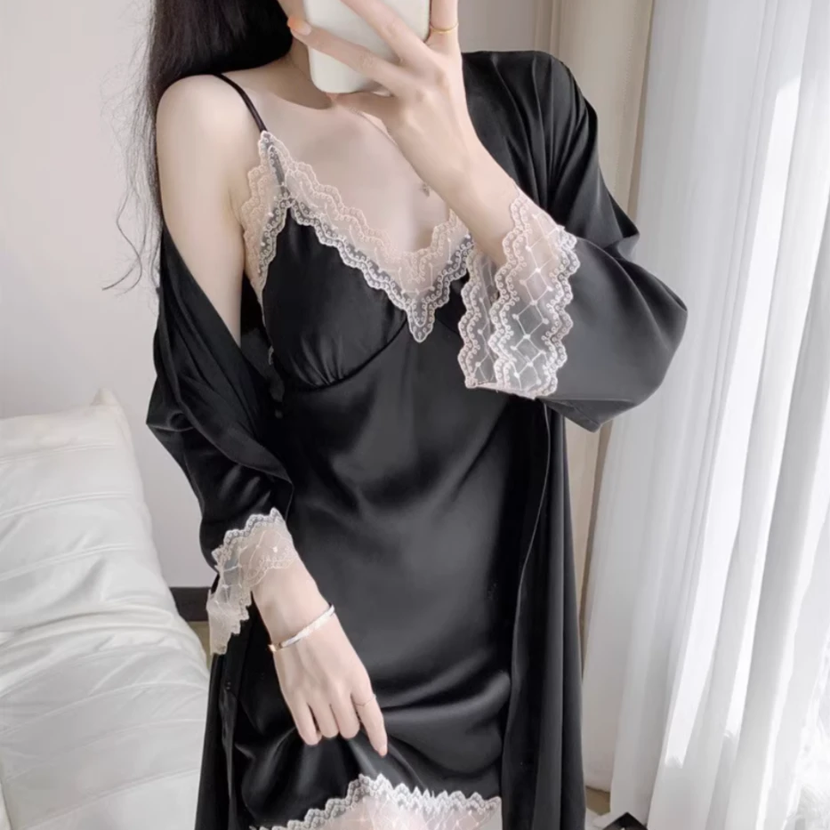 火辣睡衣网红冰丝吊带睡裙带胸垫黑色高级感有女人味的性感吊带裙