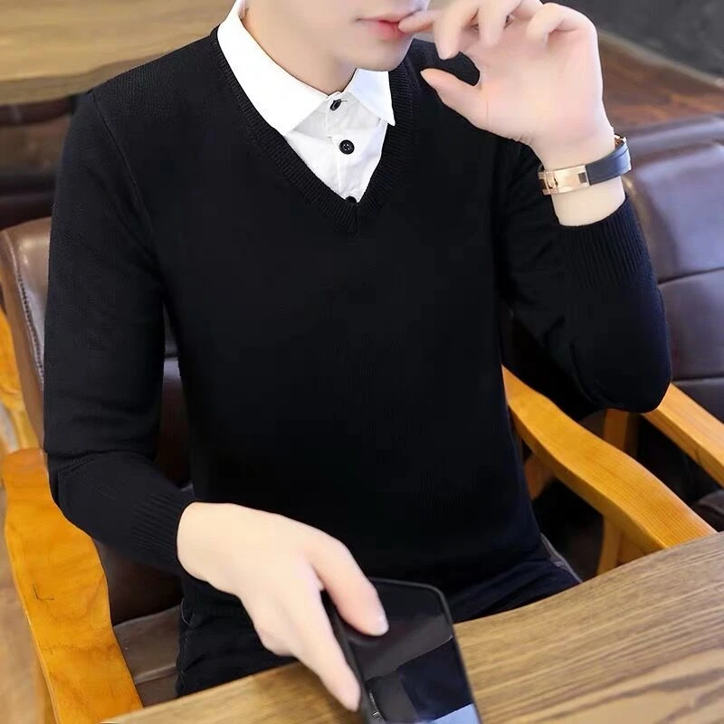 衬衣领毛衣男假两件韩版修身秋冬新款潮流针织假领加绒加厚打底衫