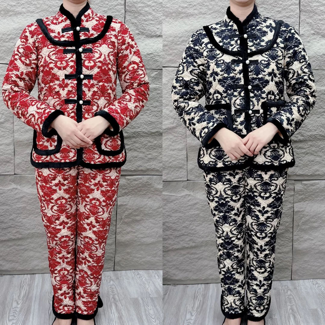 冬季碎花长袖洋气加绒加厚印花保暖网红中国风套装复古时尚