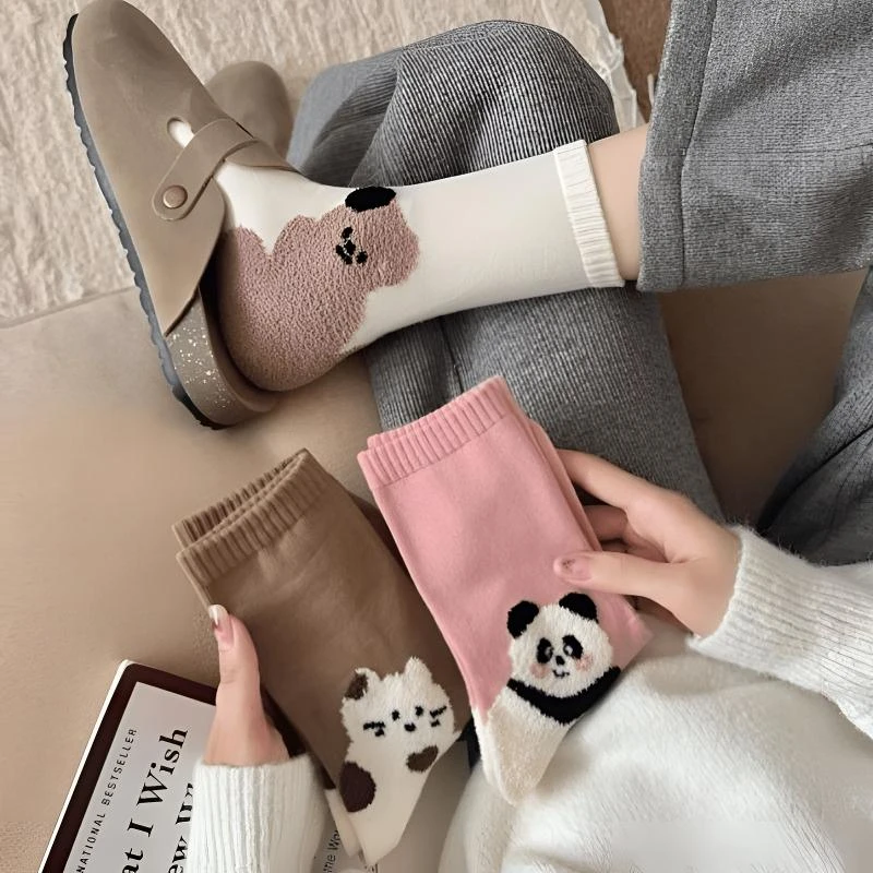 秋冬女款袜子女士袜子款可爱日系卡通植绒动物长袜纯棉袜子厚袜子