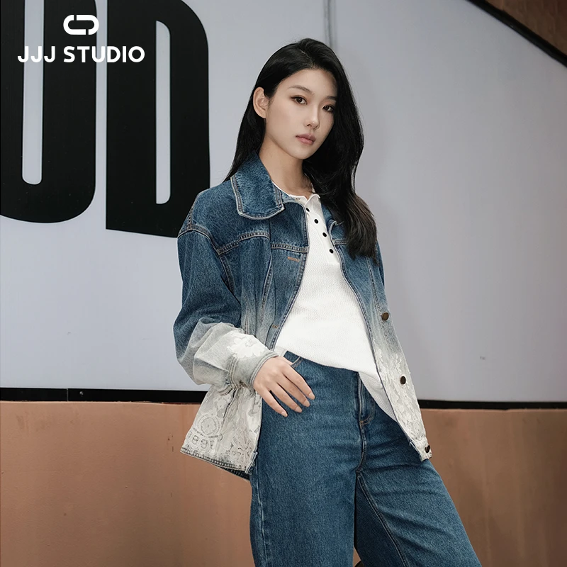 JJJ STUDIO 重工质感✖蓝色渐变拼接层次感蕾丝牛仔外套JKWFW1W290