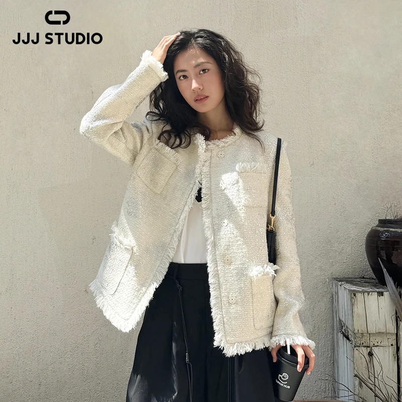 JJJ STUDIO 白银色小香风手工烫银流苏边气质保暖外套 JLWFW1W294