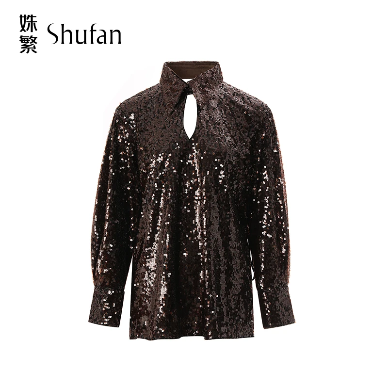 姝繁 镂空设计✖亮片精裁简约咖色高级感上衣 SUWFA1N704