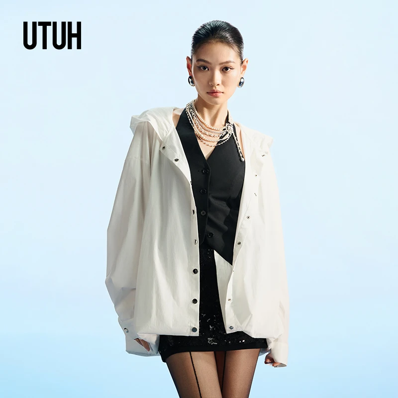 【TO 1】UTUH 黑白拼接两件套微皱肌理感长袖连帽衬衫 TUWFA1C189