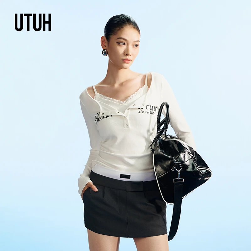 【TO 1】UTUH 白色假两件高级层次感纯欲风V领休闲上衣 TUWFA1N199