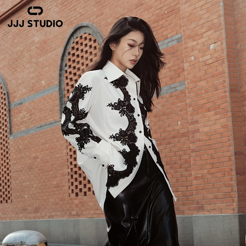 JJJ STUDIO 黑米色镂空设计蕾丝拼接宽松百搭长袖衬衫 JKWFA1C263